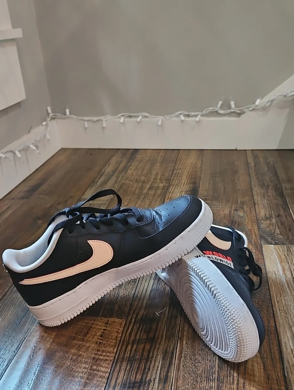 Nike Air Black‎ Leather Sneakers with Peachy Pink Swoosh & World Worlwide Emblem
